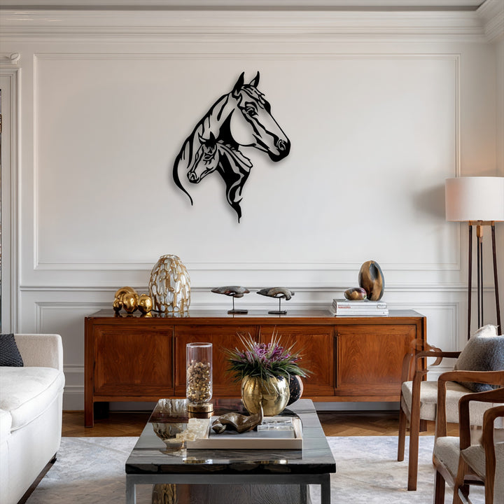 The prominent black dual horse head silhouette metal wall decor captivates against the bright white wall, featuring an elegant animal design.