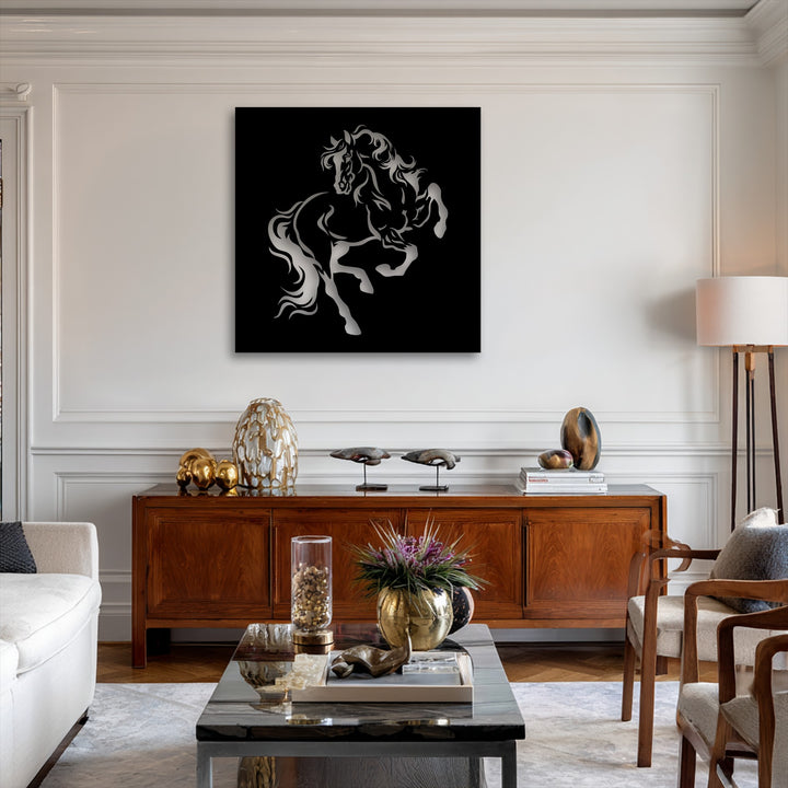 The striking transition from the dark background to the gleaming silver of the rearing horse silhouette forms captivating decorative metal art.
