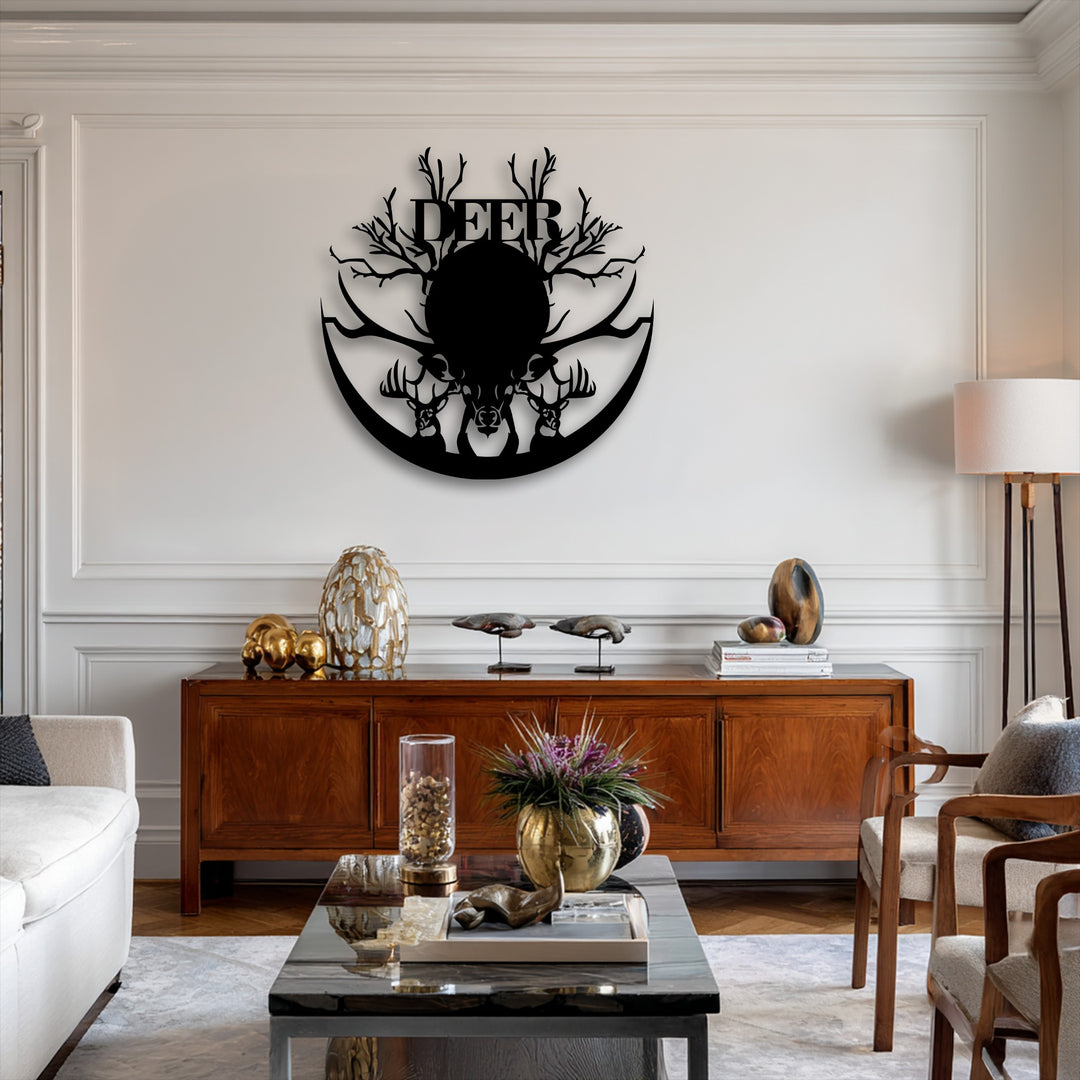 This horizontal, circular unique metal wall art showcases a majestic deer antler silhouette, creating an intricate and bold design.