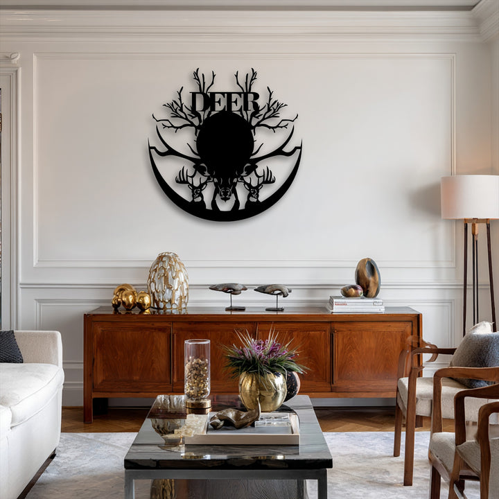 This horizontal, circular unique metal wall art showcases a majestic deer antler silhouette, creating an intricate and bold design.