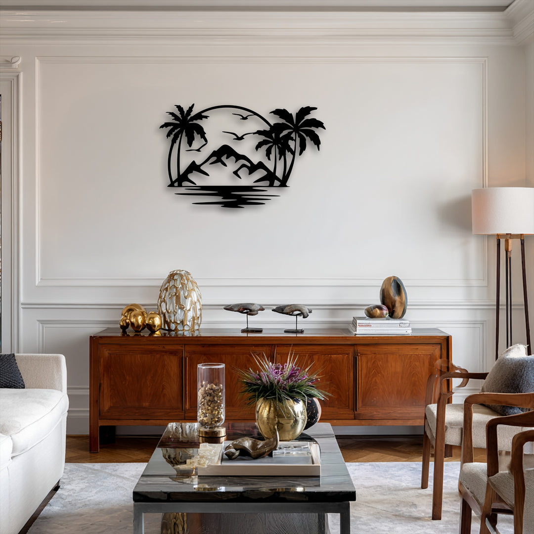 Bold geometric shapes define this decoration wall art, presenting a circular arc, sharp mountain peaks, wavy water, and stylized palm trees.