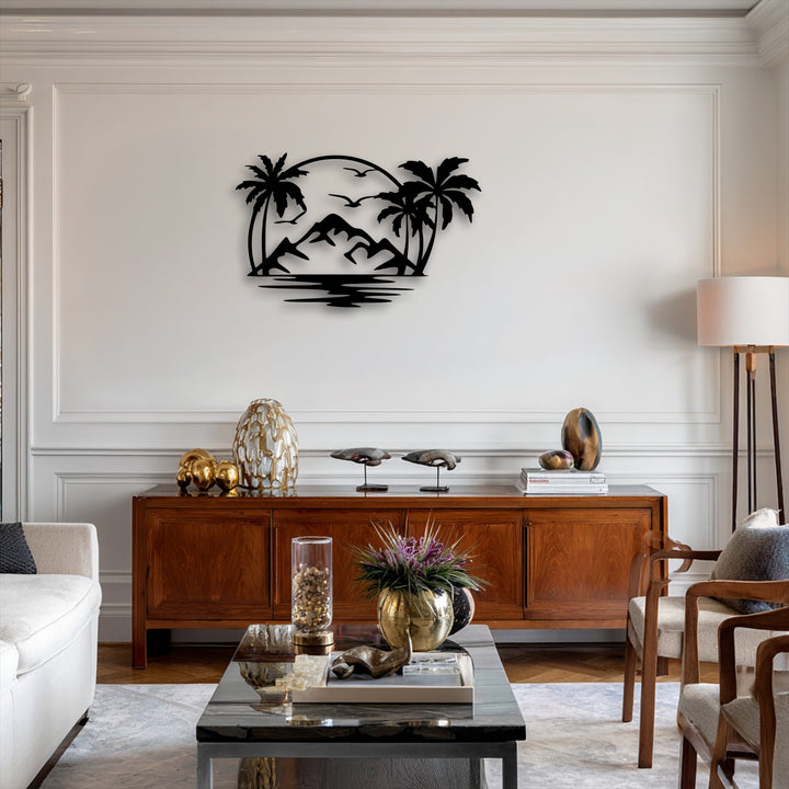 Bold geometric shapes define this decoration wall art, presenting a circular arc, sharp mountain peaks, wavy water, and stylized palm trees.