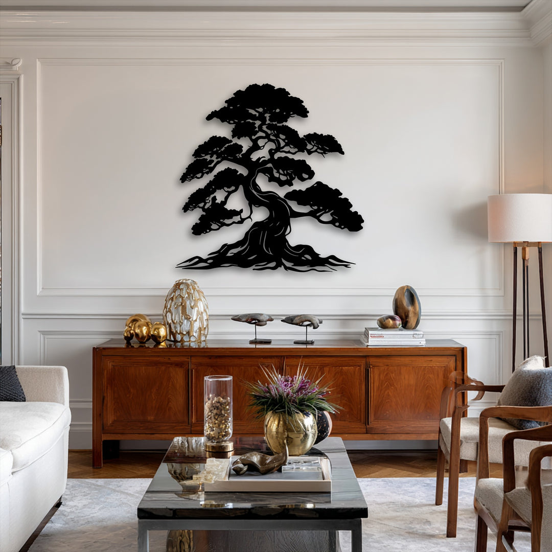 A prominently displayed, horizontally oriented metal artwork crafted into the captivating, natural shape of a timeless bonsai tree.