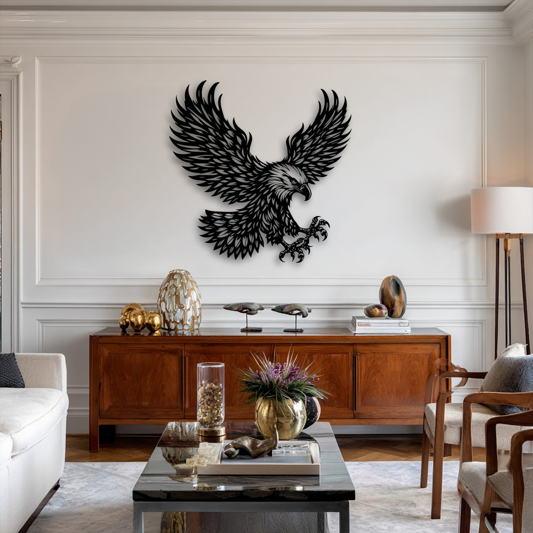 The bold silhouette of the eagle metal wall art possesses an abstract quality, serving as a striking decoration wall art with its powerful bird design.