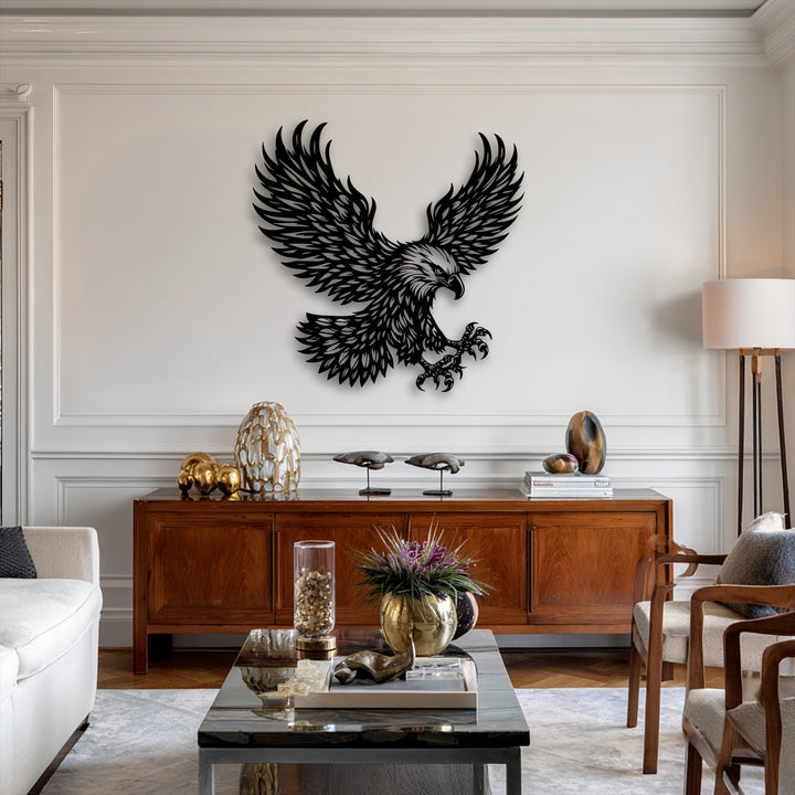 The bold silhouette of the eagle metal wall art possesses an abstract quality, serving as a striking decoration wall art with its powerful bird design.