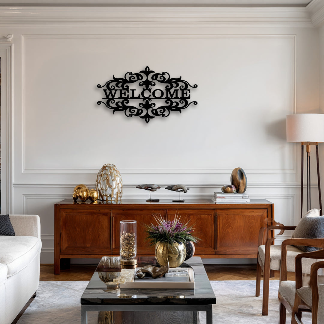 Demonstrating rich depth, an ornate welcome emblem decoration wall art anchors a classic living space with layered furniture and decorative accents.