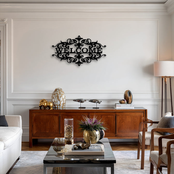 Demonstrating rich depth, an ornate welcome emblem decoration wall art anchors a classic living space with layered furniture and decorative accents.