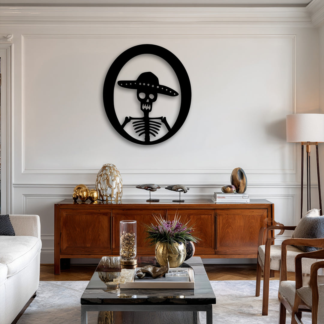 With understated color saturation, the striking black decorative metal art featuring a Sombrero Skeleton Circle Decor creates a bold focal point.
