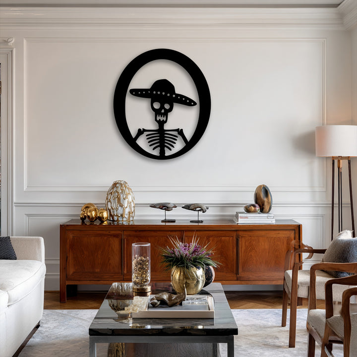 With understated color saturation, the striking black decorative metal art featuring a Sombrero Skeleton Circle Decor creates a bold focal point.