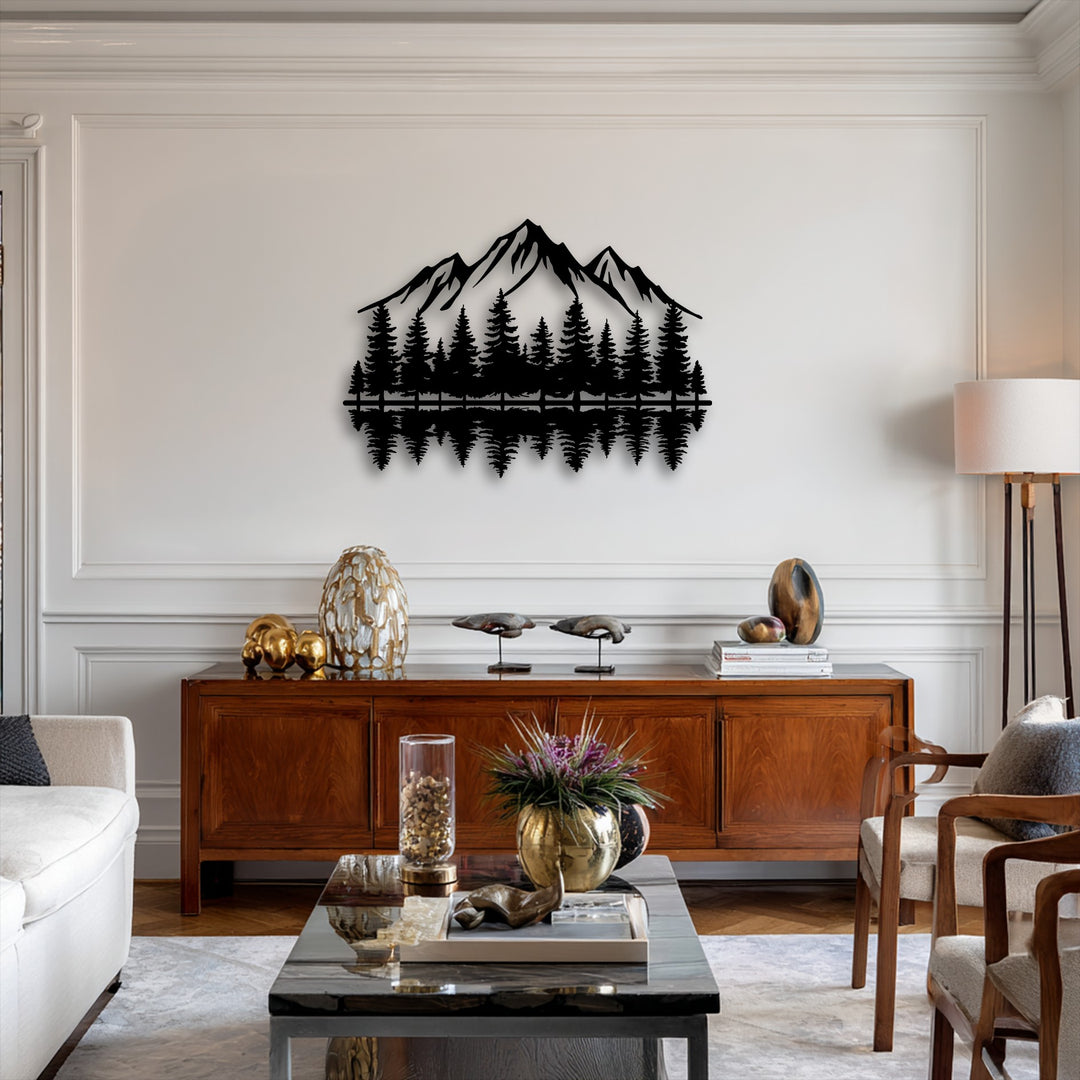 The vivid transition from the dark mountain forest reflection design to the luminous wall highlights this elegant metal wall decor.