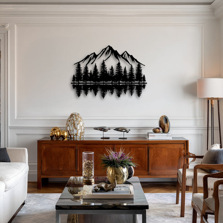 The vivid transition from the dark mountain forest reflection design to the luminous wall highlights this elegant metal wall decor.
