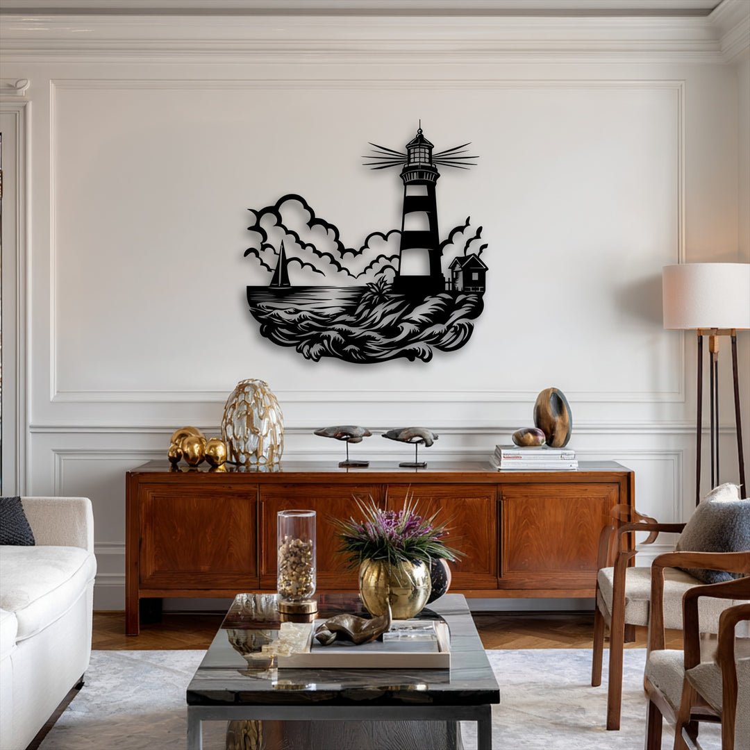 The striking black metal wall decor depicts a coastal lighthouse scene with a sailboat and powerful ocean waves under a cloudy sky.