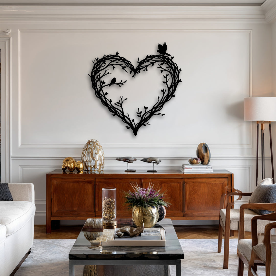 A dark marble coffee table in the foreground showcases a golden vase of purple flowers and elegant accessories, enhancing the unique metal wall art.