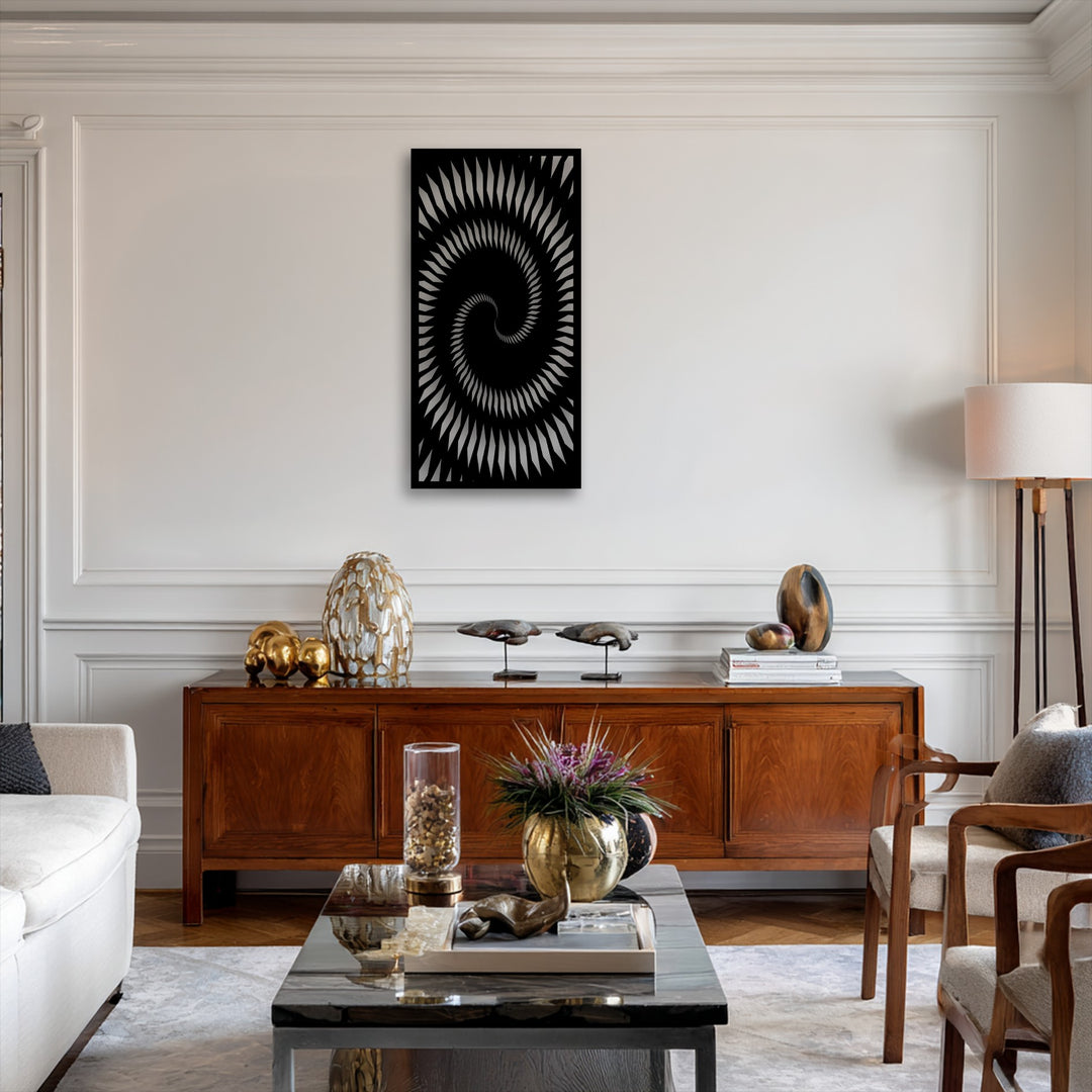 The organic forms of the hypnotic spiral geometry metal art for wall complement the naturally sculpted decorative objects.