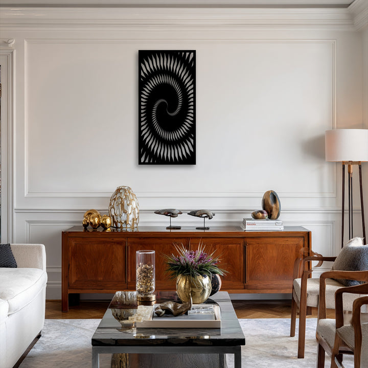 The organic forms of the hypnotic spiral geometry metal art for wall complement the naturally sculpted decorative objects.