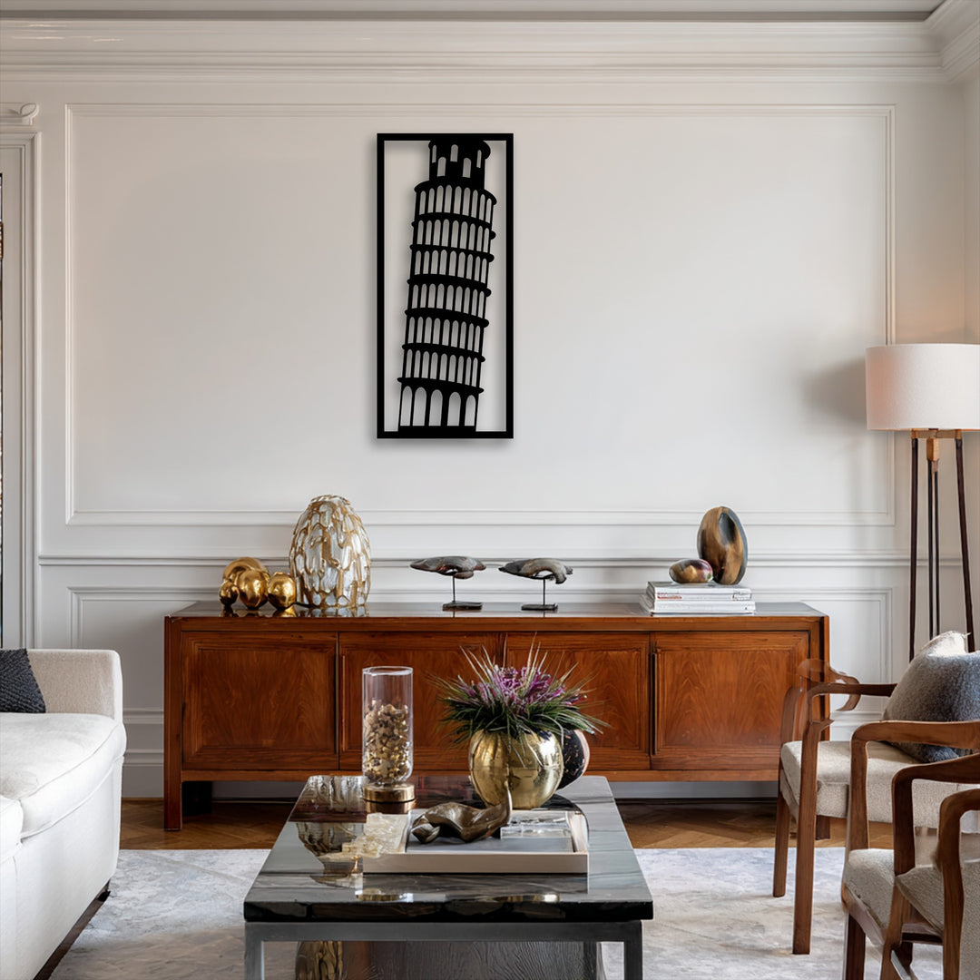 The iconic, dynamic lean of the Leaning Tower of Pisa is beautifully rendered in this striking metal wall decor, enhancing the modern space.