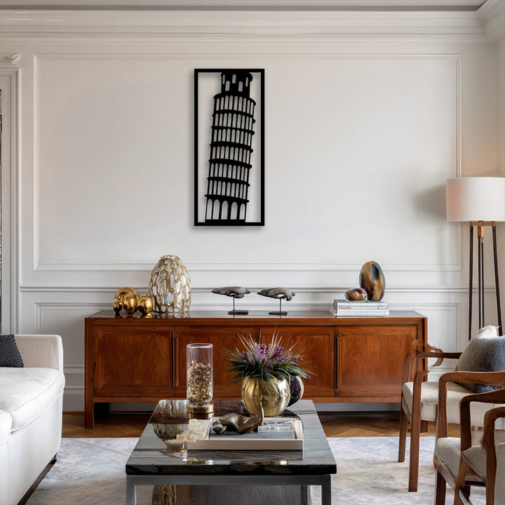 The iconic, dynamic lean of the Leaning Tower of Pisa is beautifully rendered in this striking metal wall decor, enhancing the modern space.