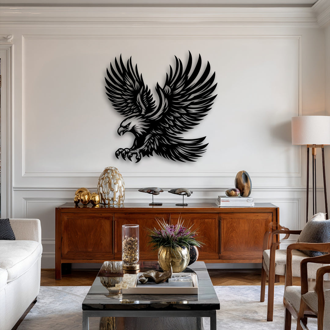 The brightest area, a pristine white wall, showcases a striking majestic eagle unique metal wall art piece.