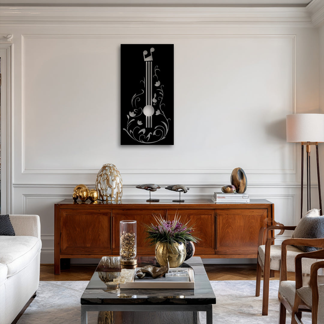 Flowing lines of a floral guitar metal art for wall create a graceful, music-inspired design, adding dynamic movement to the elegant decor.