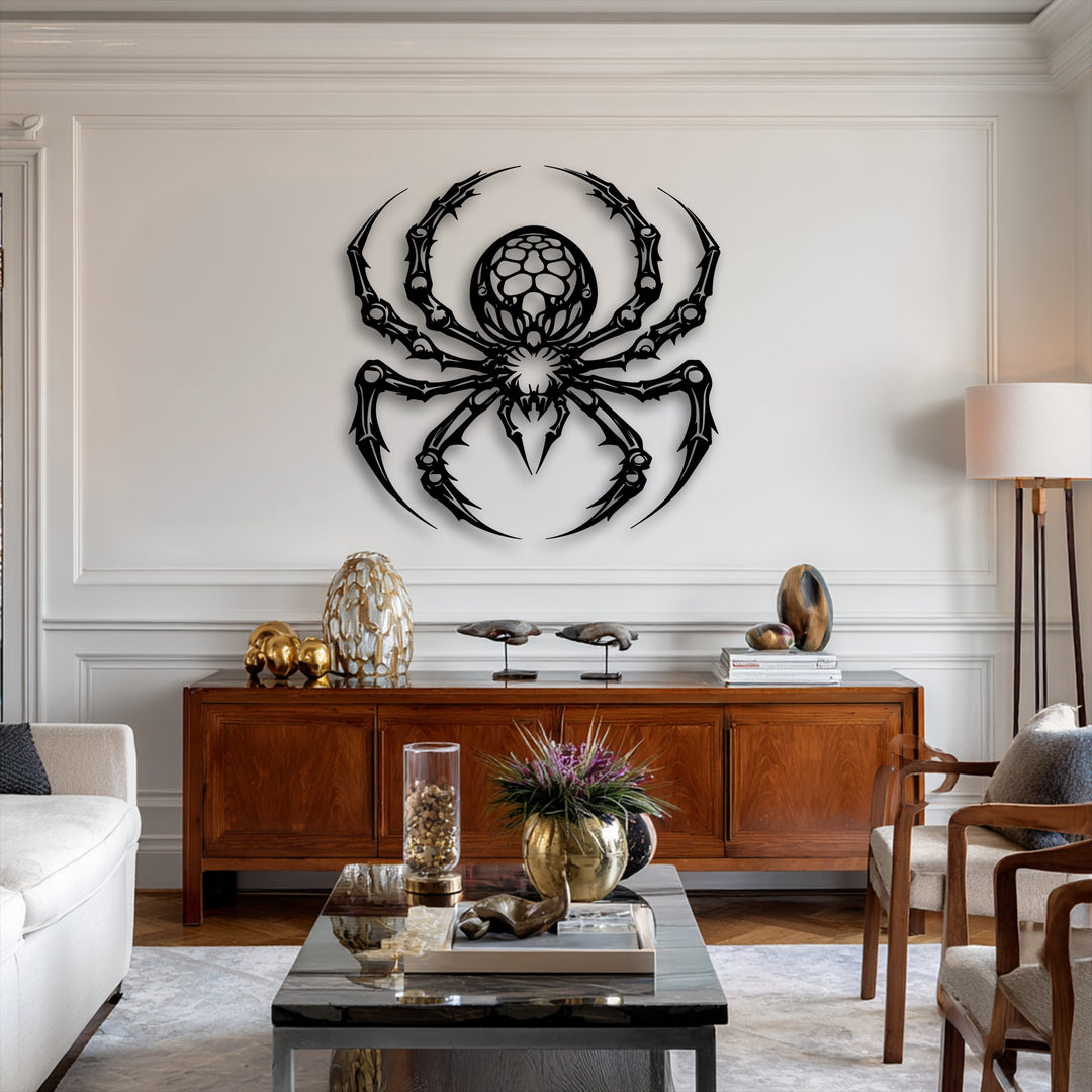 The focal point is a striking black gothic spider metal artwork prominently displayed on a clean white wall.