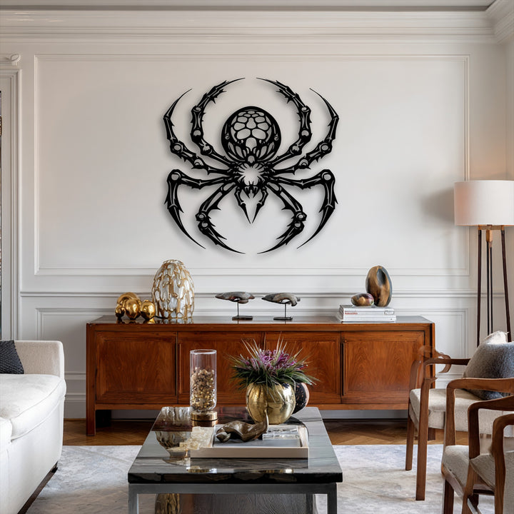 The focal point is a striking black gothic spider metal artwork prominently displayed on a clean white wall.