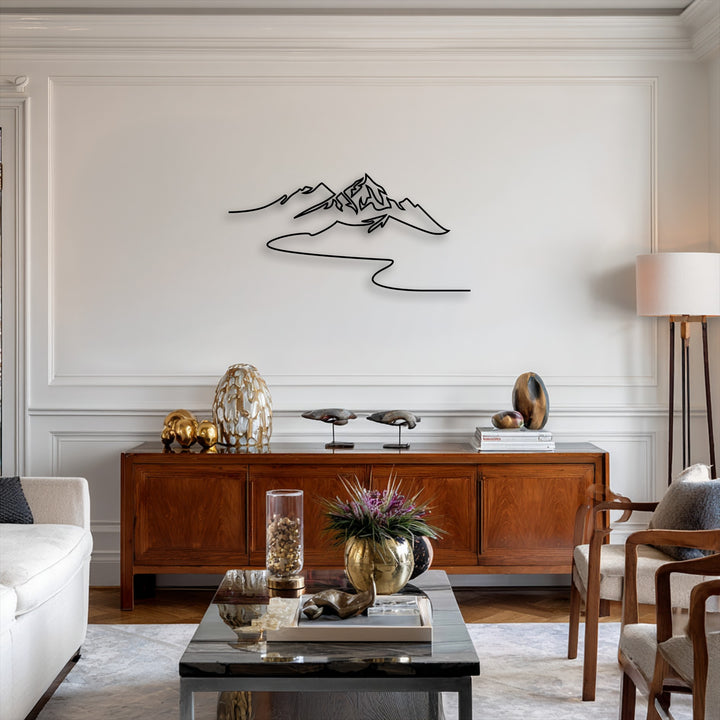 The pristine white paneled wall serves as the perfect backdrop for the striking minimalist mountain line metal art for wall.