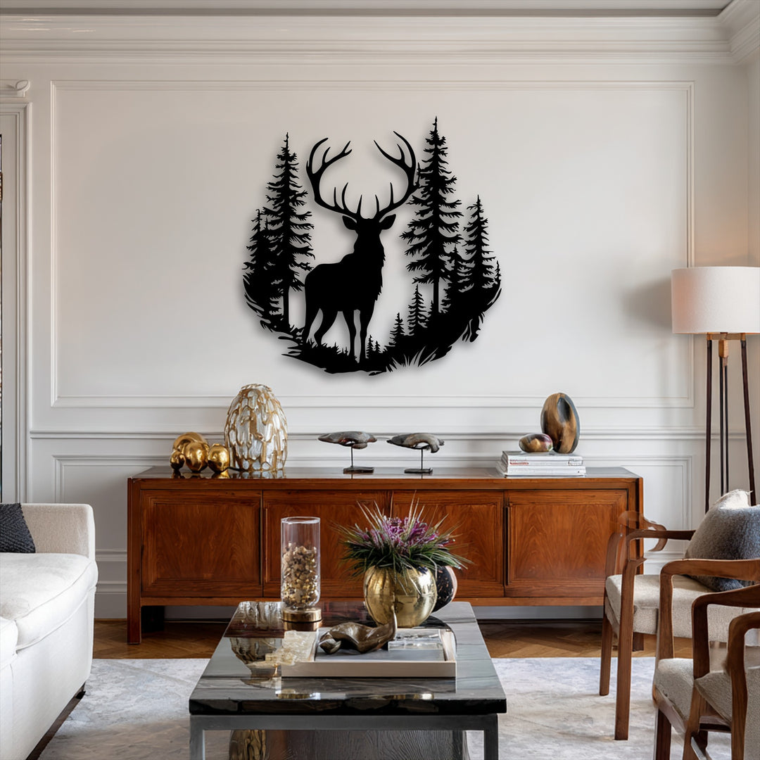 The decorative metal art showcases a majestic deer and forest silhouette within a circular geometric design.