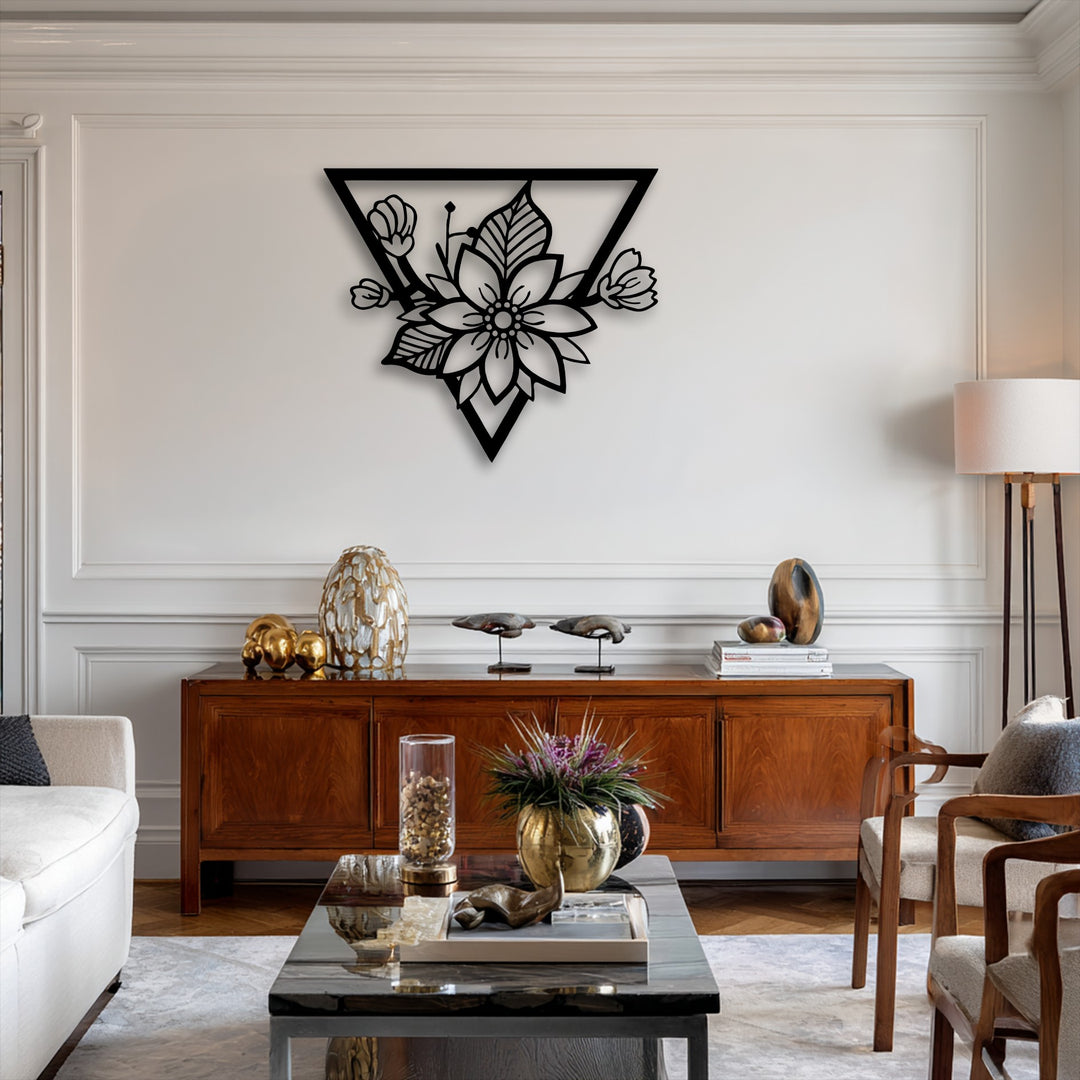 A serene and modern atmosphere is enhanced by the elegant geometric floral blossom metal art for wall with its striking triangle frame.
