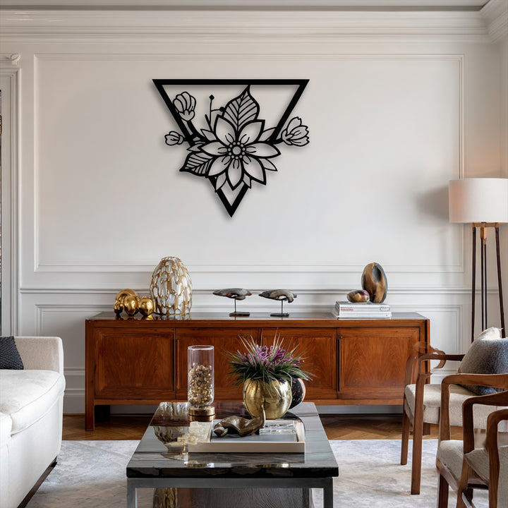 A serene and modern atmosphere is enhanced by the elegant geometric floral blossom metal art for wall with its striking triangle frame.
