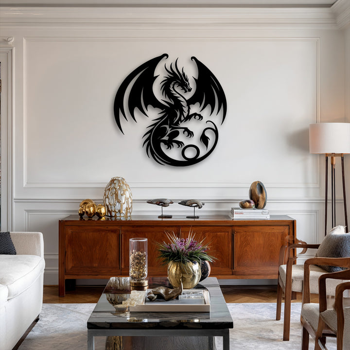 The geometric lines of a majestic dragon metal art for wall, showcasing its angular spread wings and coiled tail, create a striking focal point.