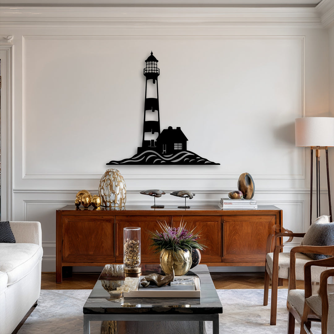 The layering effect reveals a captivating decorative metal art lighthouse silhouette with distinct ocean waves and a small house detail.