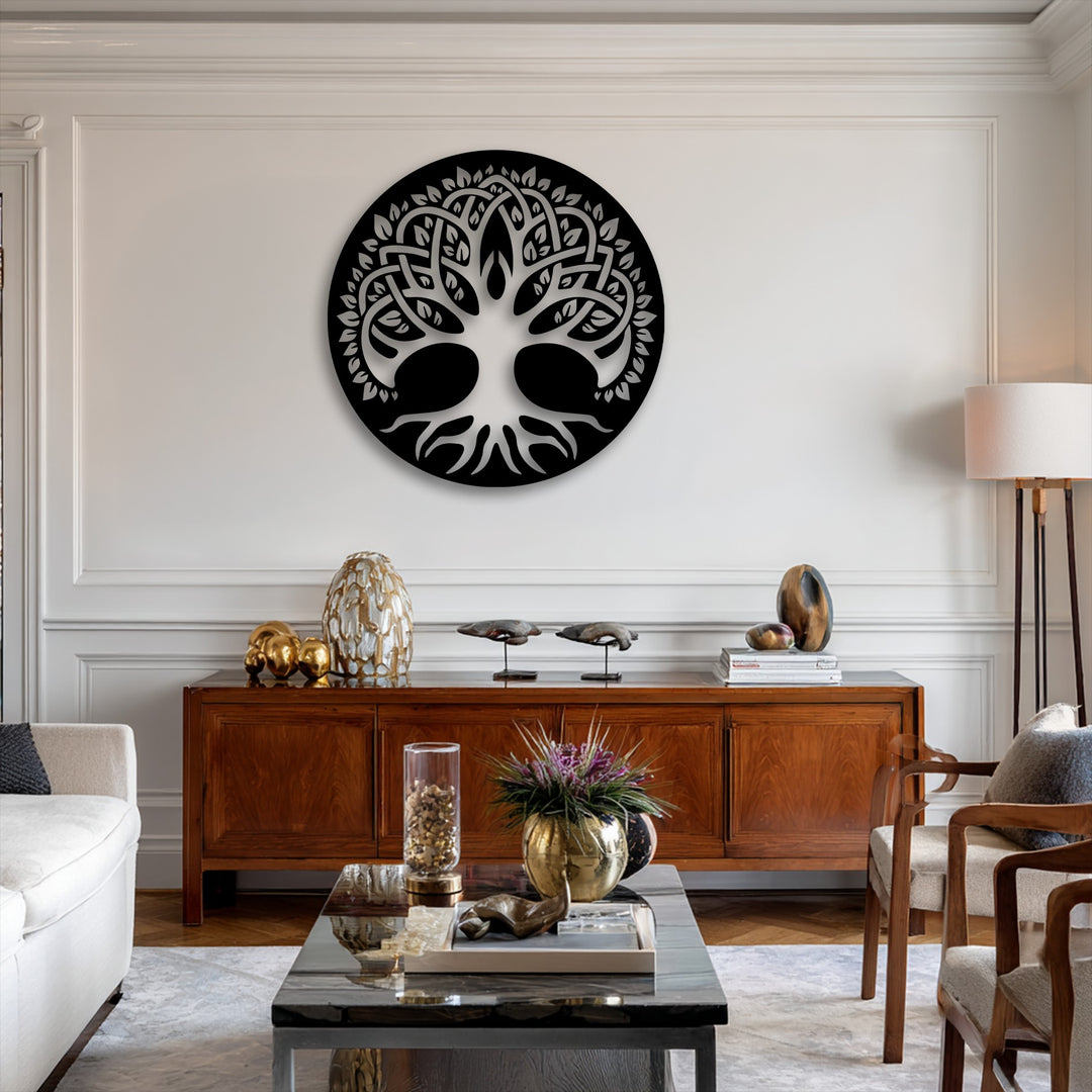 An abstract Celtic-inspired Sacred Tree of Life Circle, rendered as a unique metal wall art piece, brings symbolic depth to modern decor.