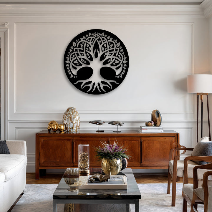An abstract Celtic-inspired Sacred Tree of Life Circle, rendered as a unique metal wall art piece, brings symbolic depth to modern decor.