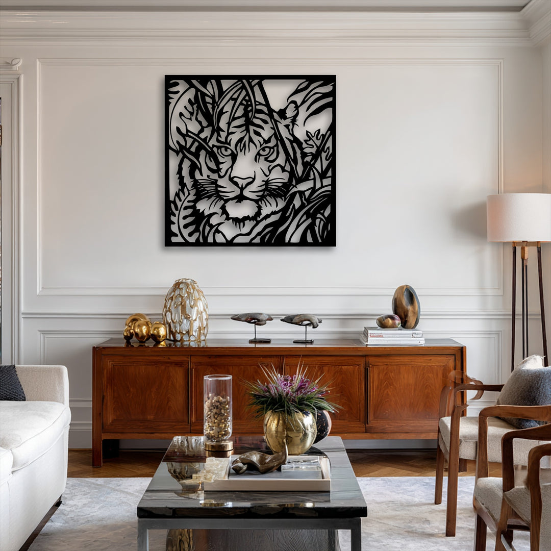 A sleek black coffee table with gold and glass decor in the foreground beautifully complements the tiger metal wall art, perfect decoration wall art.