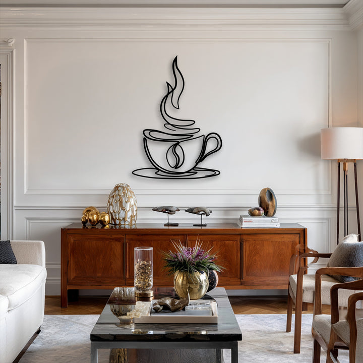 The image showcases a sophisticated interior with thoughtfully balanced color saturation, highlighting a distinct coffee cup line art metal wall decor.