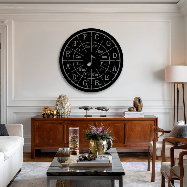 Subtle shadows interplay with the matte black finish of the Circle of Fifths decorative metal art, creating depth against the illuminated white wall.