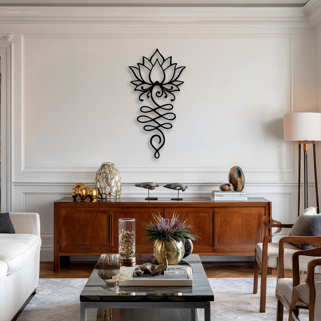 The stark color contrast of the black lotus flower symbol metal art for wall against the light wall creates a striking visual.