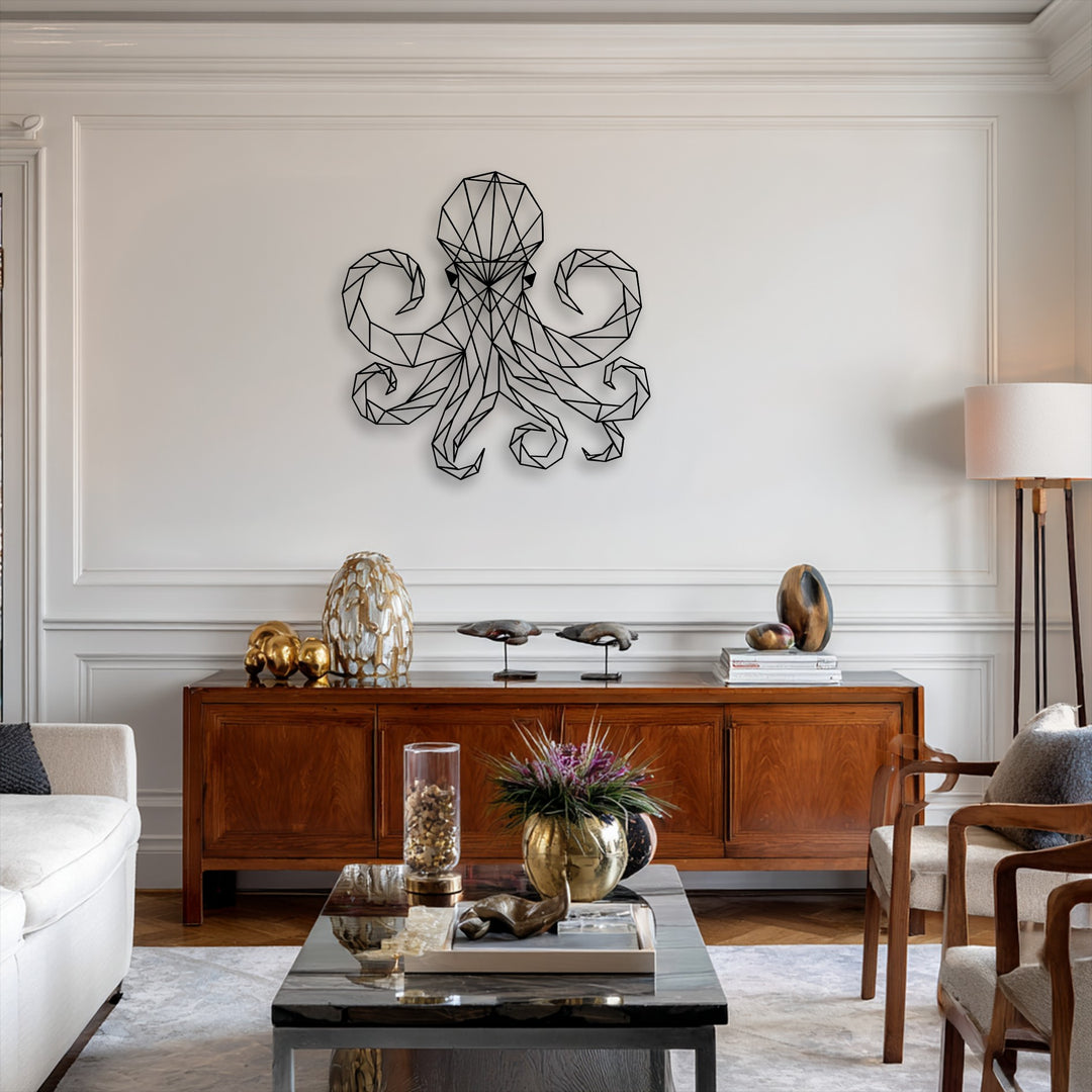 The prominent black geometric octopus metal artwork commands attention against the light wall in this modern marine setting.