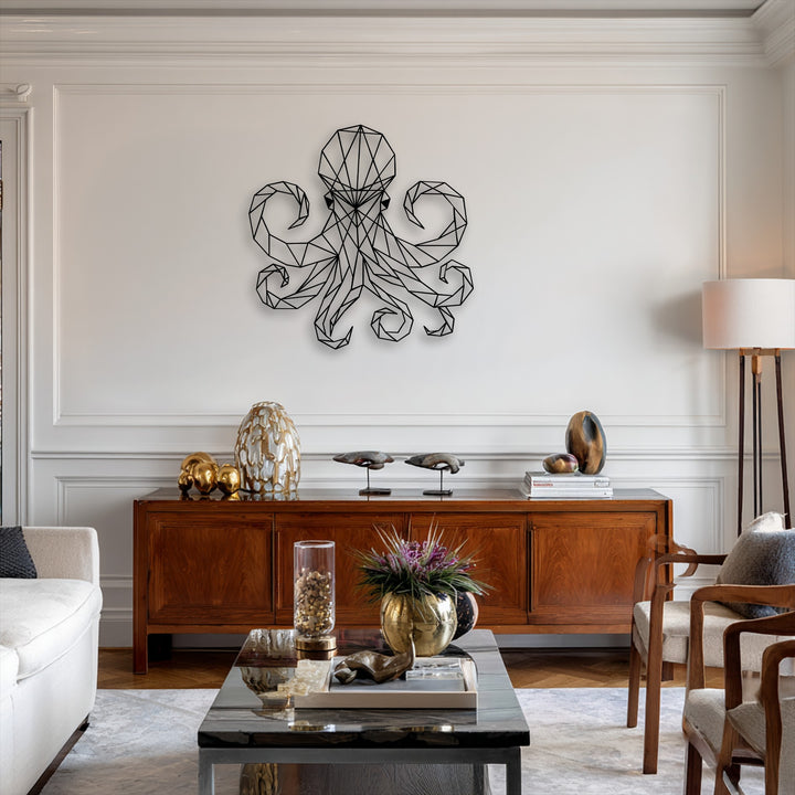 The prominent black geometric octopus metal artwork commands attention against the light wall in this modern marine setting.