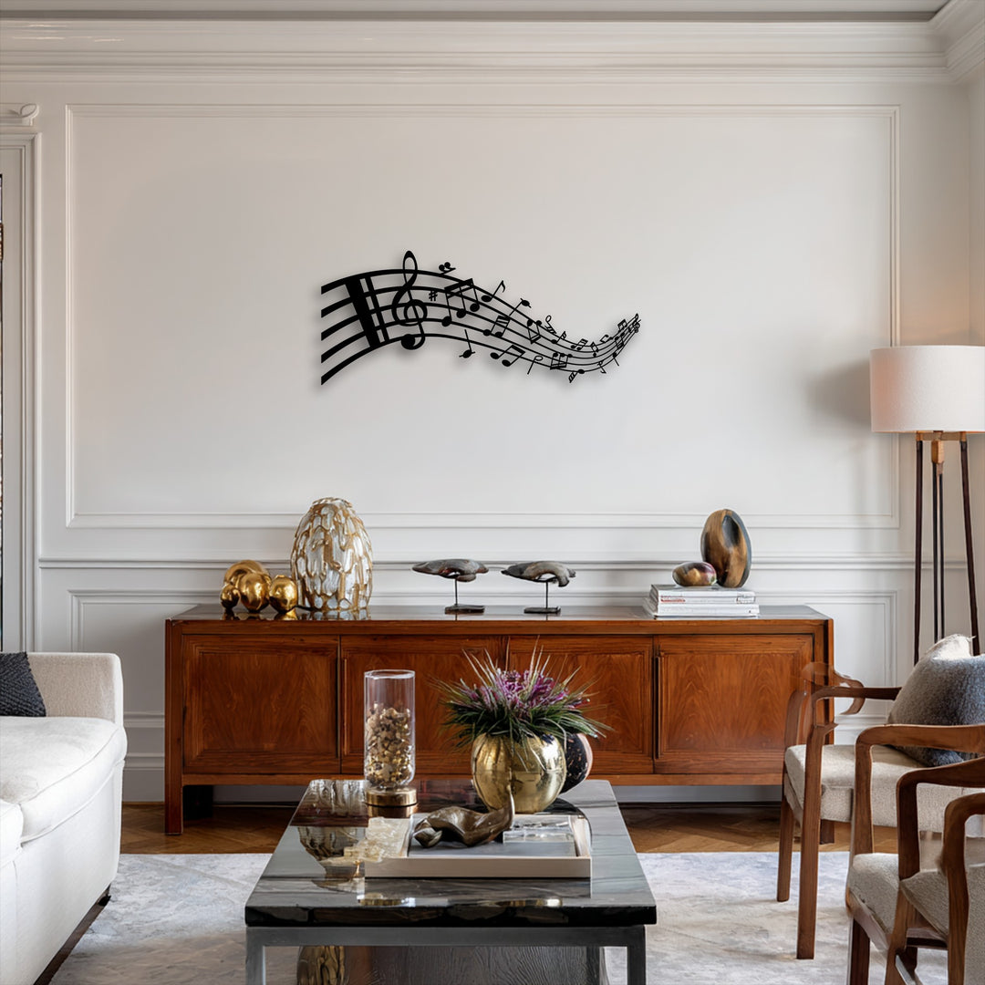The unique metal wall art featuring flowing musical notes and a treble clef masterfully creates a dramatic layered depth against the wall.