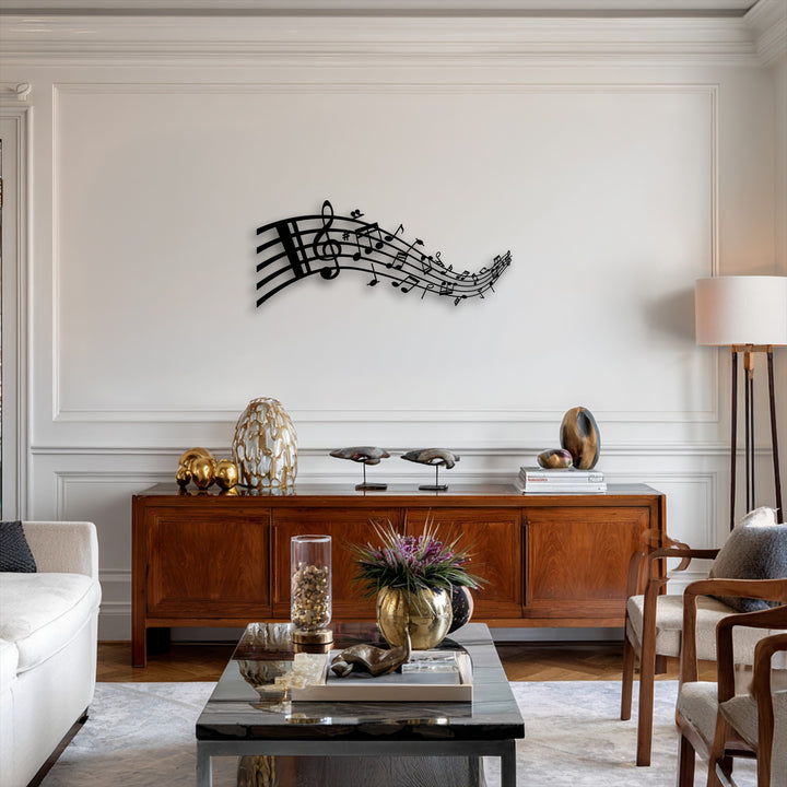 The unique metal wall art featuring flowing musical notes and a treble clef masterfully creates a dramatic layered depth against the wall.