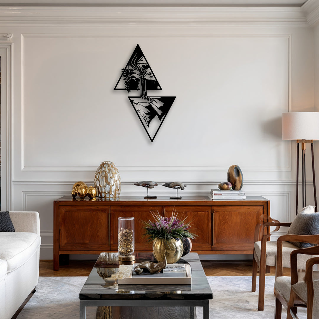 The elegant white background wall, featuring classic wainscoting and crown molding, showcases stunning Geometric Waterfall Escape metal art for wall.
