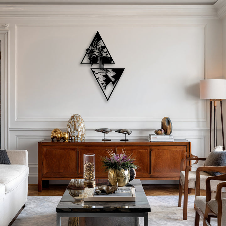 The elegant white background wall, featuring classic wainscoting and crown molding, showcases stunning Geometric Waterfall Escape metal art for wall.