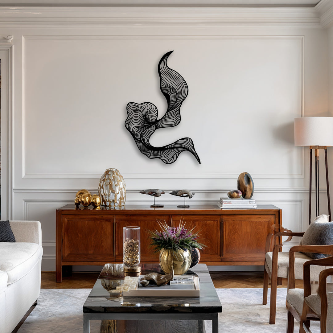 The intricate surface texture of this abstract flow metal art for wall reveals dynamic, fluid lines creating a sense of movement and depth.