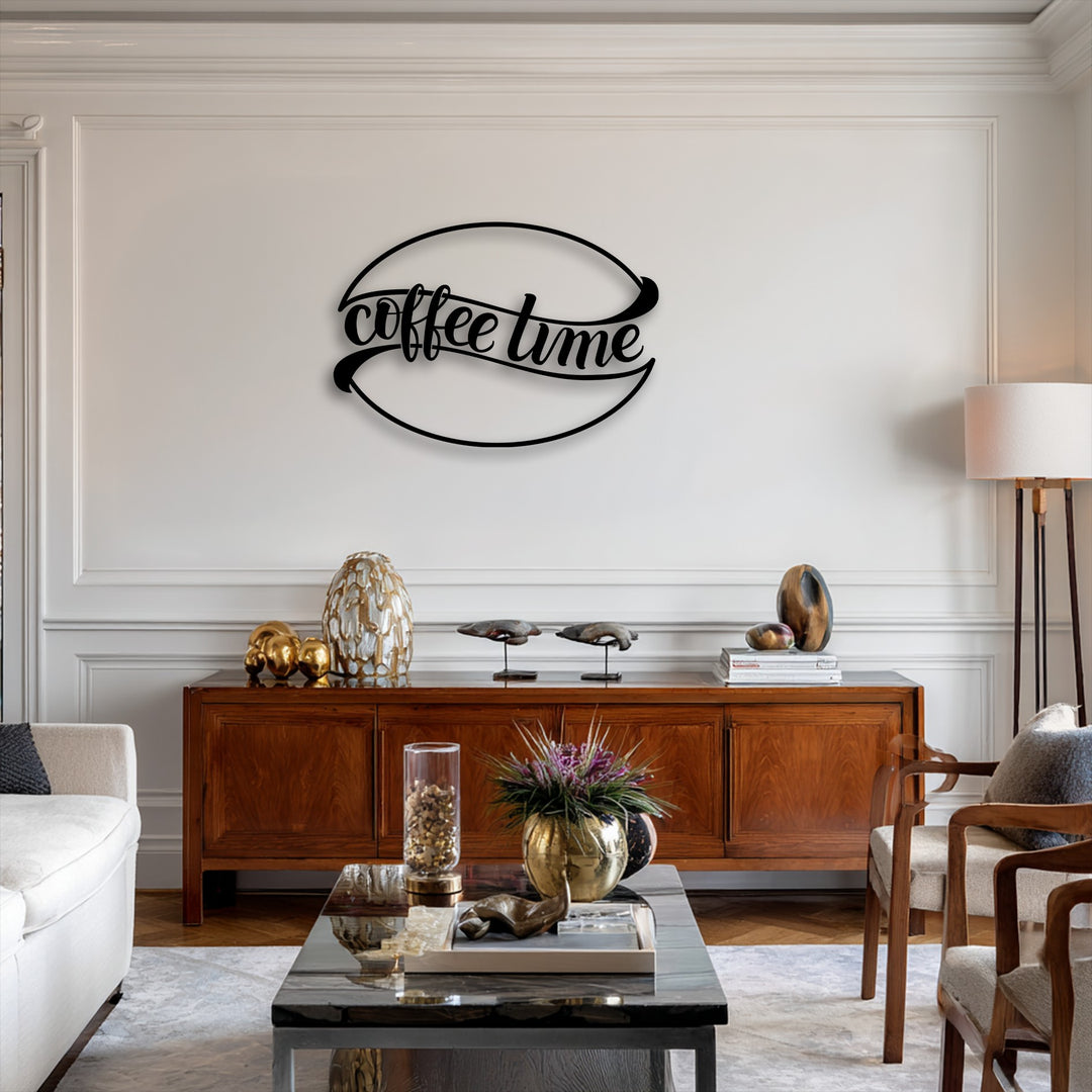 The brightest area illuminates the stylish 'Coffee Time Metal Wall Art,' a sleek black metal wall decor piece on a crisp white wall.