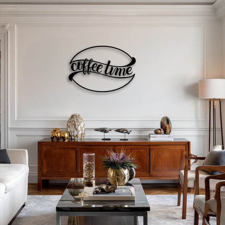 The brightest area illuminates the stylish 'Coffee Time Metal Wall Art,' a sleek black metal wall decor piece on a crisp white wall.