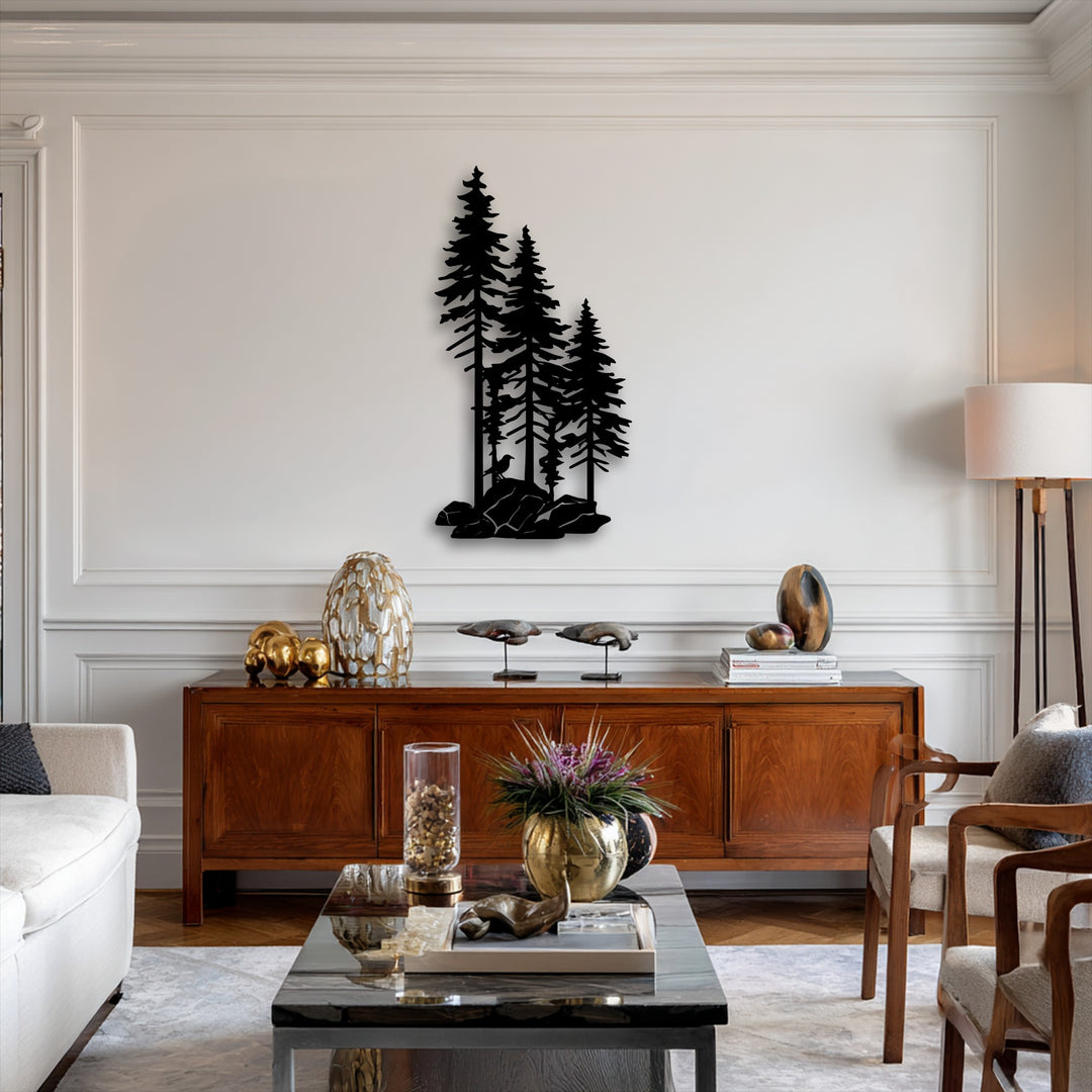 The brightly lit white wall showcases a striking unique metal wall art of a pine forest silhouette, titled Whispering Pines.