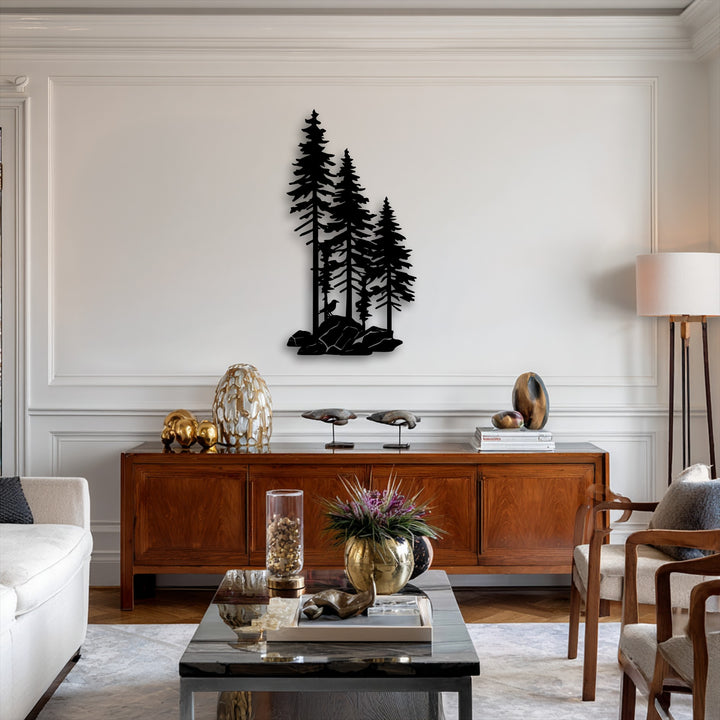 The brightly lit white wall showcases a striking unique metal wall art of a pine forest silhouette, titled Whispering Pines.
