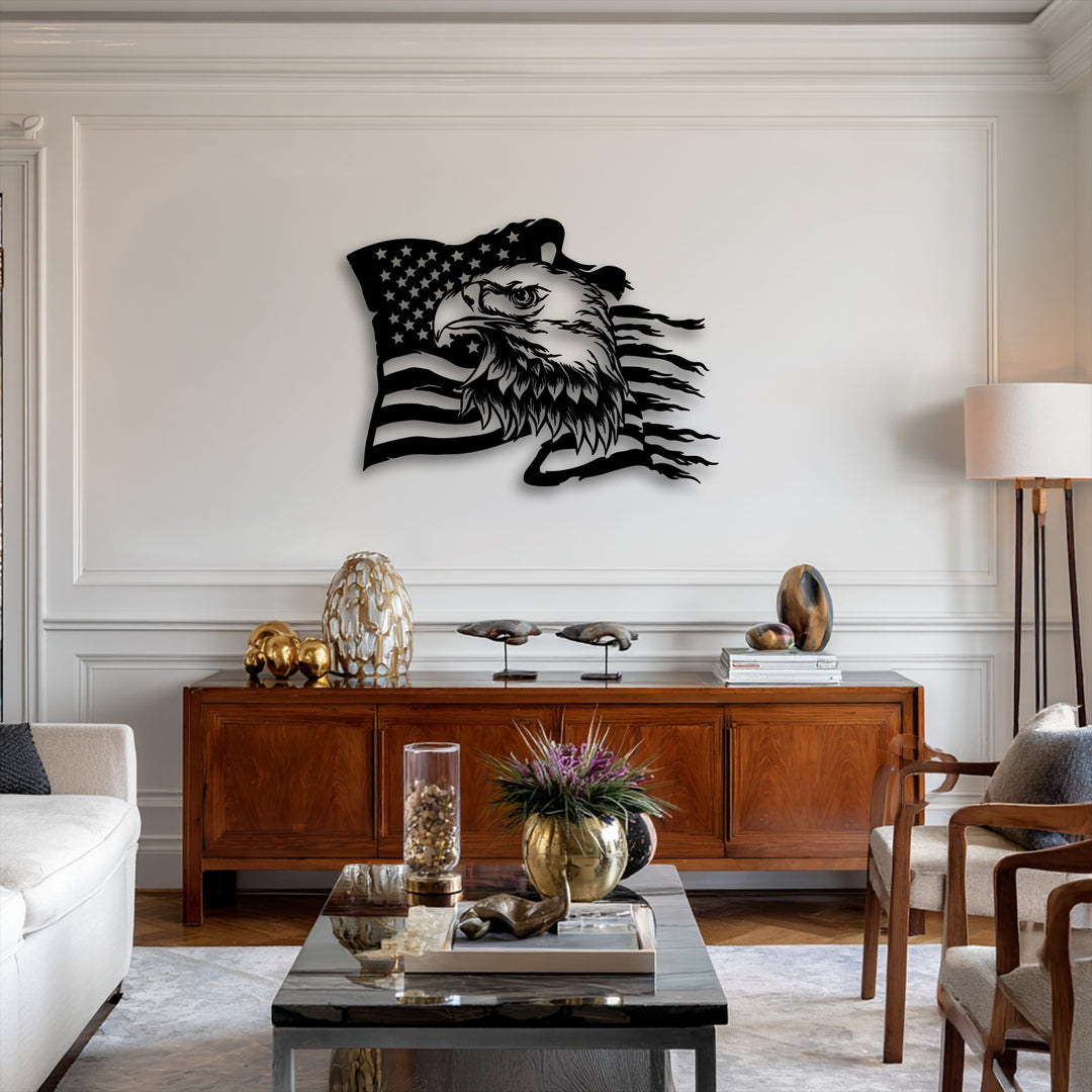 The organic forms of the tattered American flag and the fiercely detailed eagle create unique metal wall art that proudly expresses patriotism.