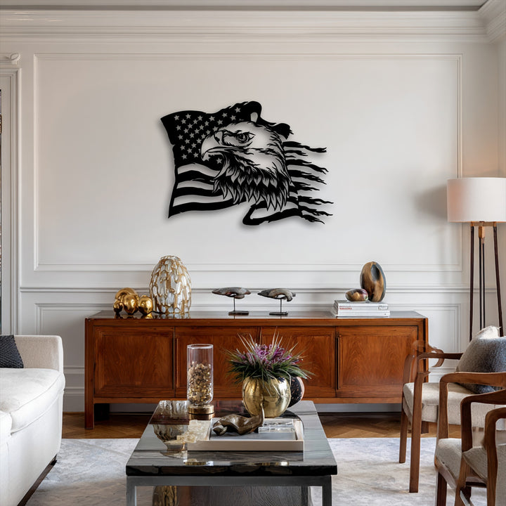 The organic forms of the tattered American flag and the fiercely detailed eagle create unique metal wall art that proudly expresses patriotism.